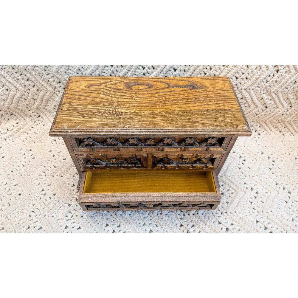 Vintage Wooden Musical Jewelry Box 4 Drawer Dresser Chest Lattice Wood Mustard
